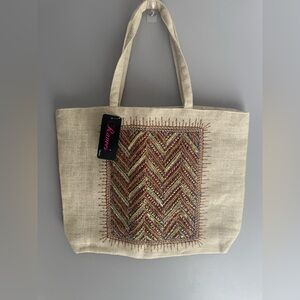 Ranees Canvas Double Strap Button Closure Beaded Sequin Tote Purse Bag New Boho